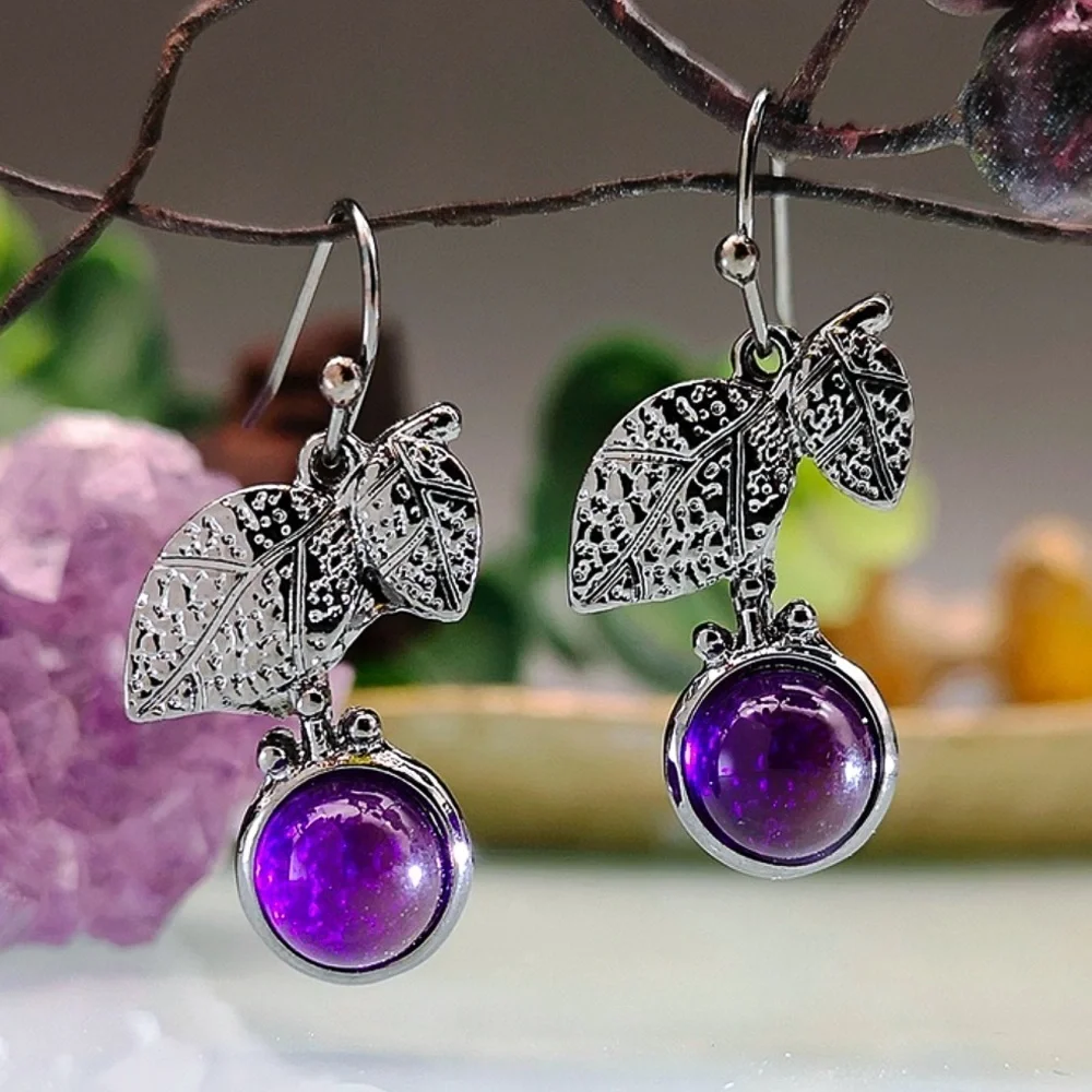 Any 2/$20! Gunmetal Purple Crystal Leaves Drop Earrings - Picture 1 of 7